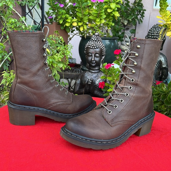 Dr. Martens Granny Style Plaid Lined Mid Calf Lace Up Heeled Brown Leather Boots - Picture 4 of 17